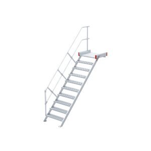 Euroline Podesttreppe 45 Grad, 800 mm Stufenbreite, 1 Treppen-/Podestgeländer, Stufenausführung Alu – gerieft 10 Stufen