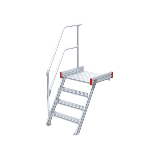 Euroline Podesttreppe 60 Grad, 1000 mm Stufenbreite, 1 Treppen-/Podestgeländer, Stufenausführung Alu – gerieft 4 Stufen