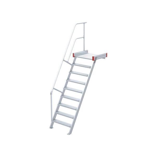 Euroline Podesttreppe 60 Grad, 1000 mm Stufenbreite, 1 Treppen-/Podestgeländer, Stufenausführung Alu – gerieft 9 Stufen