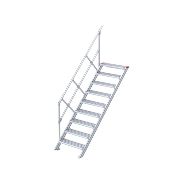 Euroline Treppe 45 Grad, 800 mm Stufenbreite, 1 Handlauf, Stufenausführung Alu – gerieft 9 Stufen