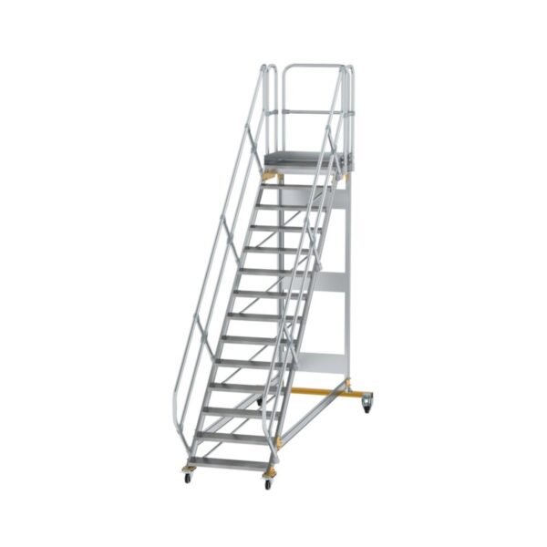 Günzburger Steigtechnik Plattformtreppe 45° fahrbar Stufenbreite 800 mm 14 Stufen Aluminium geriffelt