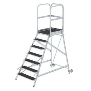 Günzburger Steigtechnik Podesttreppe einseitig begehbar mit Rollen & Griffen Korrundbesch. R13 7 Stufen