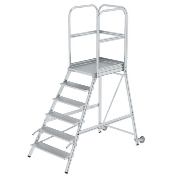 Günzburger Steigtechnik Podesttreppe einseitig begehbar mit Rollen und Griffen Aluminium geriffelt 6 Stufen