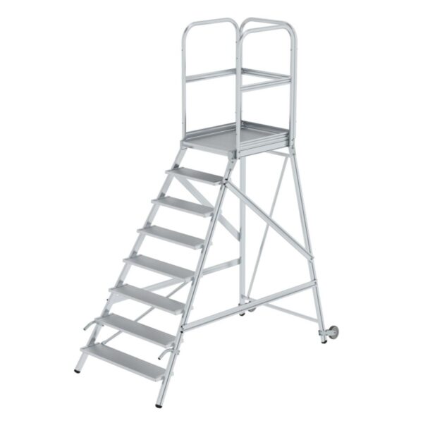 Günzburger Steigtechnik Podesttreppe einseitig begehbar mit Rollen und Griffen Aluminium geriffelt 8 Stufen