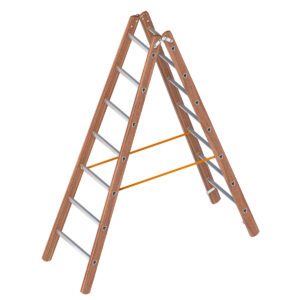 Layher Verbundstehleiter 7 Sprossen, Holz-Aluminium-Stehleiter 2x7 Sprossen, beidseitig begehbar, klappbar, Länge 2.10 m