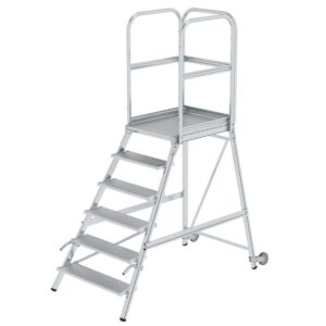 Günzburger Steigtechnik Podesttreppe einseitig begehbar mit Rollen und Griffen Aluminium geriffelt 6 Stufen