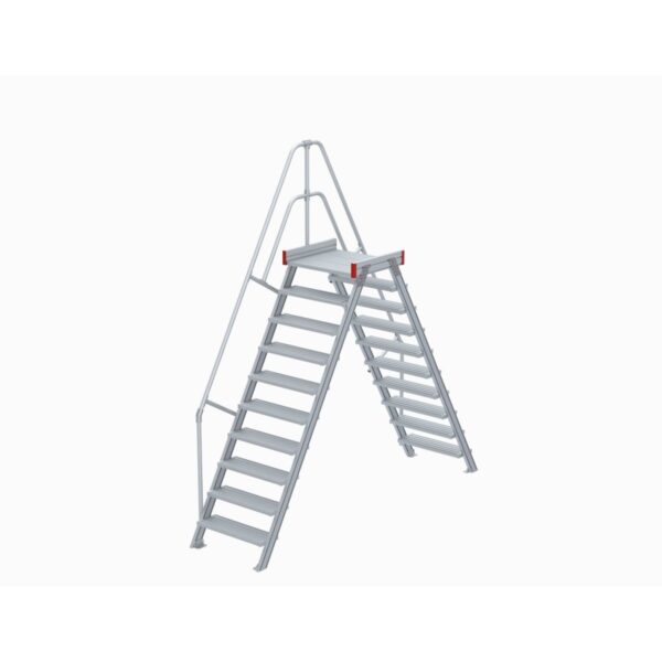 Euroline Überstieg 60 Grad, 600 mm Stufenbreite, 1 Treppen-/Podestgeländer, Stufenausführung Alu – gerieft 10 Stufen
