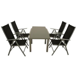 Garnitur 5-teilig, Ausziehtisch + Klappsessel, Aluminium/Textilene/Glas