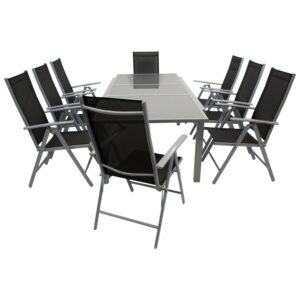 Garnitur 9-teilig, Ausziehtisch, Aluminium/Textilene/Glas