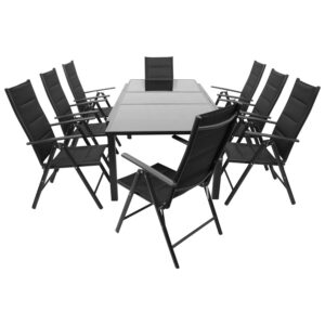 Garnitur 9-teilig, Aluminium, Kunstgewebe schwarz, Glasplatte