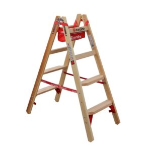 Euroline Holz Comfort-Stufenstehleiter Nr. 10577 2x4 mit Eimerhaken und Werkzeugablagetasche