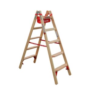 Euroline Holz Comfort-Stufenstehleiter Nr. 10577 2x5 mit Eimerhaken und Werkzeugablagetasche