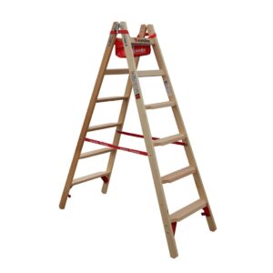 Euroline Holz Comfort-Stufenstehleiter Nr. 10577 2x6 mit Eimerhaken und Werkzeugablagetasche
