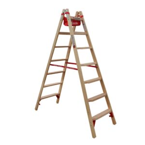 Euroline Holz Comfort-Stufenstehleiter Nr. 10577 2x7 mit Eimerhaken und Werkzeugablagetasche
