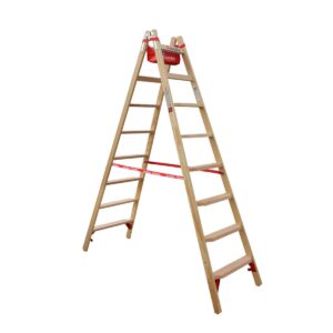 Euroline Holz Comfort-Stufenstehleiter Nr. 10577 2x8 mit Eimerhaken und Werkzeugablagetasche