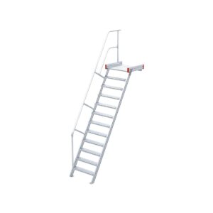 Euroline Podesttreppe 60 Grad, 800 mm Stufenbreite, 1 Treppen-/Podestgeländer, Stufenausführung Alu – gerieft 12 Stufen