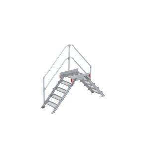 Euroline Überstieg 45 Grad, 600 mm Stufenbreite, 1 Treppen-/Podestgeländer, Stufenausführung Stahl – Gitterrost 5 Stufen