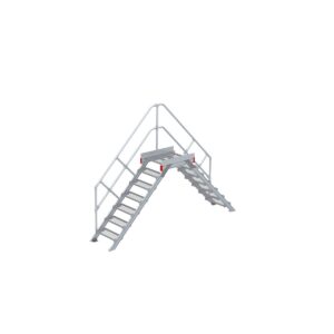 Euroline Überstieg 45 Grad, 600 mm Stufenbreite, 1 Treppen-/Podestgeländer, Stufenausführung Stahl – Gitterrost 7 Stufen