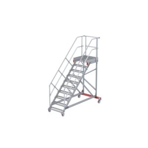 Euroline Wartungsbühne 45 Grad, 800 mm Stufenbreite, 2 Handläufe 3 Podestgel., Stufenausführung Stahl – Gitterrost 10 Stufen
