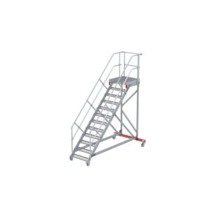 Euroline Wartungsbühne 45 Grad, 800 mm Stufenbreite, 2 Handläufe 3 Podestgel., Stufenausführung Stahl – Gitterrost 12 Stufen