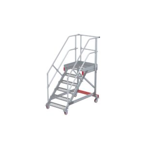 Euroline Wartungsbühne 45 Grad, 800 mm Stufenbreite, 2 Handläufe 3 Podestgel., Stufenausführung Stahl – Gitterrost 6 Stufen