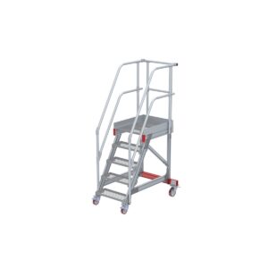 Euroline Wartungsbühne 60 Grad, 600 mm Stufenbreite, 2 Handläufe 3 Podestgel., Stufenausführung Stahl – Gitterrost 5 Stufen