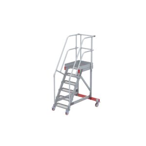 Euroline Wartungsbühne 60 Grad, 600 mm Stufenbreite, 2 Handläufe 3 Podestgel., Stufenausführung Stahl – Gitterrost 6 Stufen