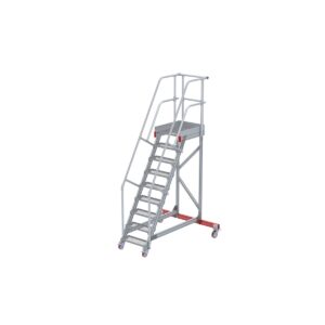 Euroline Wartungsbühne 60 Grad, 600 mm Stufenbreite, 2 Handläufe 3 Podestgel., Stufenausführung Stahl – Gitterrost 9 Stufen