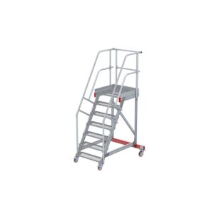 Euroline Wartungsbühne 60 Grad, 800 mm Stufenbreite, 2 Handläufe 3 Podestgel., Stufenausführung Stahl – Gitterrost 7 Stufen