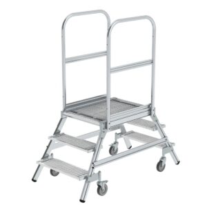 Günzburger Steigtechnik Podesttreppe beidseitig begehbar mit Federrollen Stahl Gitterrost 3 Stufen