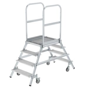 Günzburger Steigtechnik Podesttreppe beidseitig begehbar mit Federrollen Stahl Gitterrost 4 Stufen