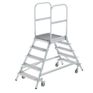 Günzburger Steigtechnik Podesttreppe beidseitig begehbar mit Federrollen Stahl Gitterrost 5 Stufen