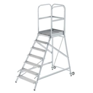 Günzburger Steigtechnik Podesttreppe eins. begehbar mit Rollen und Griffen Stahl-Gitterrost 7 Stufen