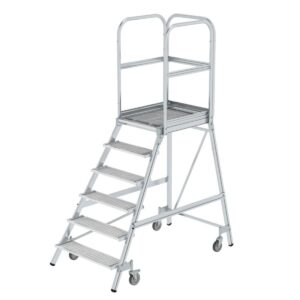Günzburger Steigtechnik Podesttreppe einseitig begehbar mit Federrollen Stahl-Gitterrost 6 Stufen