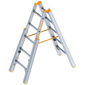 Layher Treppenstehleiter TOPIC 5 Sprossen, Aluminiumleiter klappbar mit verstellbaren Holmen, Länge 1.55 m