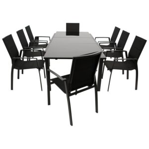 Garnitur 9-teilig, Aluminium, Kunstgewebe schwarz, Glasplatte