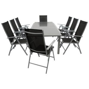 Garnitur 9-teilig, Ausziehtisch, Aluminium/Textilene/Glas