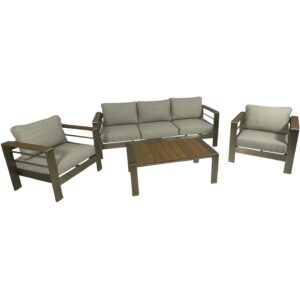 Lounge-Set 4-teilig aus gebürstetem Aluminium, Polster grau, Kunstholz naturfarben