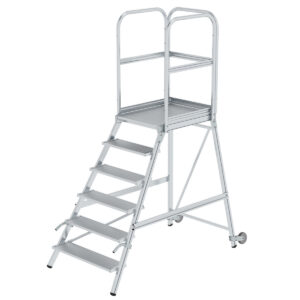 Günzburger Steigtechnik Podesttreppe einseitig begehbar mit Rollen und Griffen Aluminium geriffelt 6 Stufen