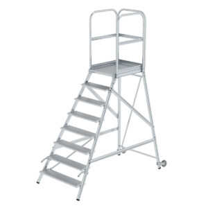 Günzburger Steigtechnik Podesttreppe einseitig begehbar mit Rollen und Griffen Aluminium geriffelt 8 Stufen