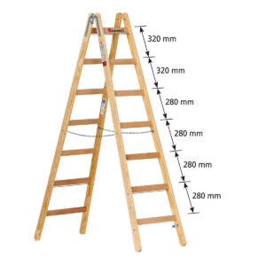 Euroline Holz-Sprossenstehleiter Nr. 12506 mit unterschiedlichem Sprossenabstand und Eimerhaken 2x7