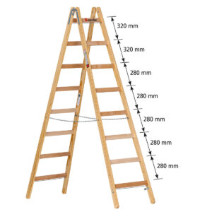 Euroline Holz-Sprossenstehleiter Nr. 12506 mit unterschiedlichem Sprossenabstand und Eimerhaken 2x8