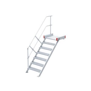 Euroline Podesttreppe 45 Grad, 1000 mm Stufenbreite, 1 Treppen-/Podestgeländer, Stufenausführung Alu – gerieft 7 Stufen