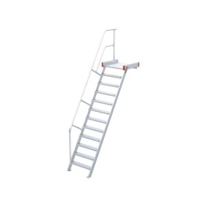 Euroline Podesttreppe 60 Grad, 1000 mm Stufenbreite, 1 Treppen-/Podestgeländer, Stufenausführung Alu – gerieft 12 Stufen