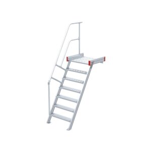 Euroline Podesttreppe 60 Grad, 800 mm Stufenbreite, 1 Treppen-/Podestgeländer, Stufenausführung Alu – gerieft 7 Stufen