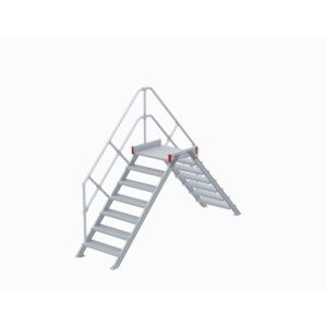 Euroline Überstieg 45 Grad, 1000 mm Stufenbreite, 1 Treppen-/Podestgeländer, Stufenausführung Alu – gerieft 7 Stufen