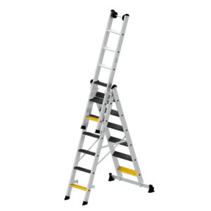 Günzburger Steigtechnik Stufen-Mehrzweckleiter 3-teilig mit nivello®-Traverse und clip-step R13 3x6 Stufen