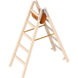 Layher Holzstehleiter 5 Sprossen aus stabilem Holz mit 2x5 Sprossen; beidseitig begehbar; klappbar; Länge 1.50 m