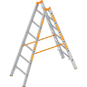 Layher Sprossenstehleiter TOPIC 6 Sprossen, Aluminiumleiter 2x6 Sprossen, beidseitig begehbar, klappbar, Länge 1.85 m