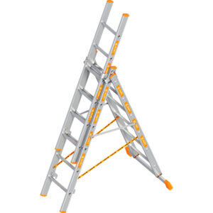 Layher Allzweckleiter TOPIC 6 Sprossen, Aluminiumleiter 3-teilig 3x6 Sprossen, ausziehbar, beidseitig begehbar, klappbar, Länge 4.15 m